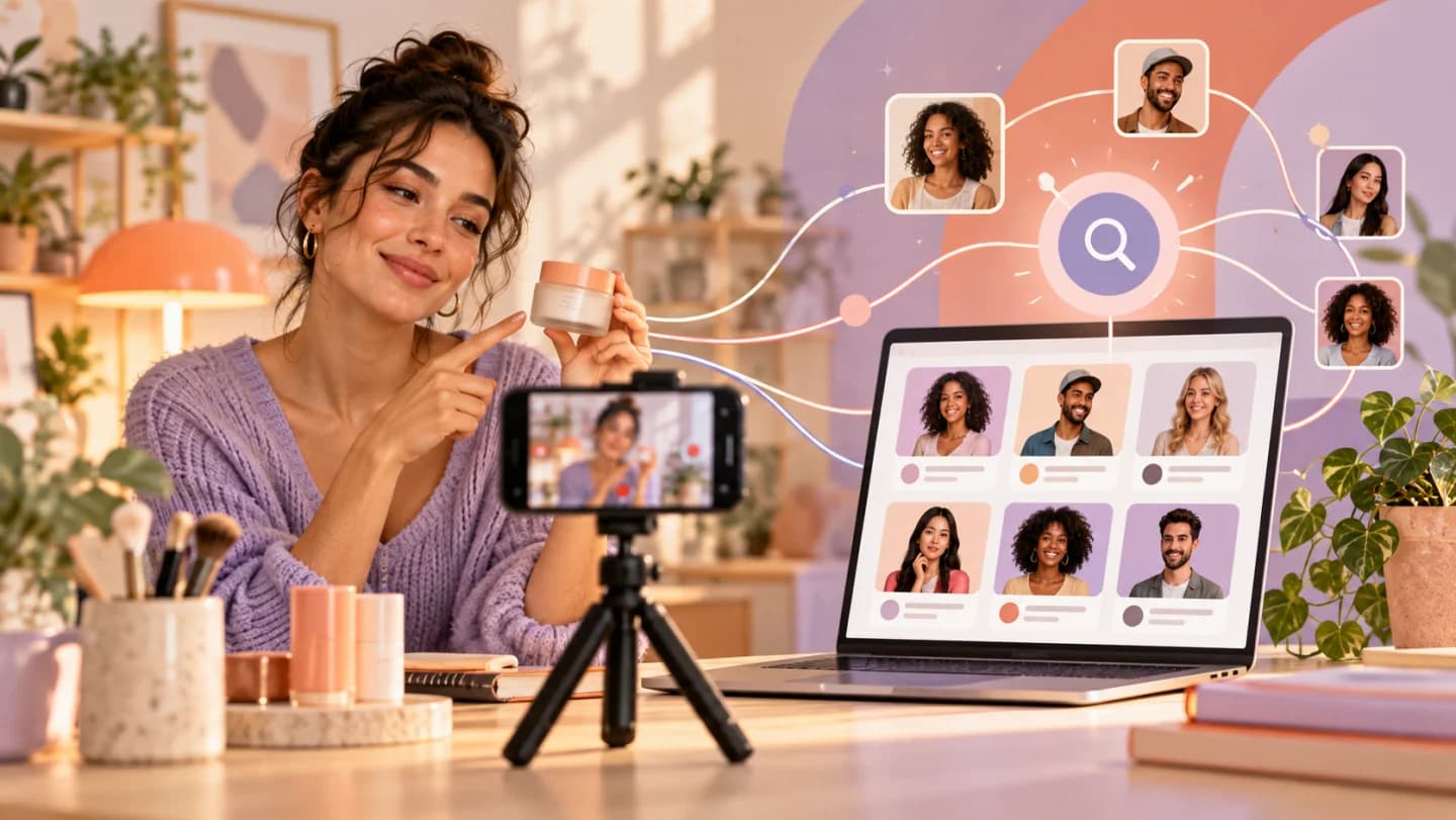 Illustration einer Creatorin beim Filmen eines Produkts, verbunden mit digitalen Creator-Profilen und einer Suchassistenz